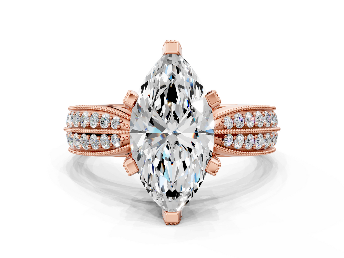 Rose gold Marquise Solitaire Diamond Ring with Milgrain Pavé Band and Four-Prong Setting_138