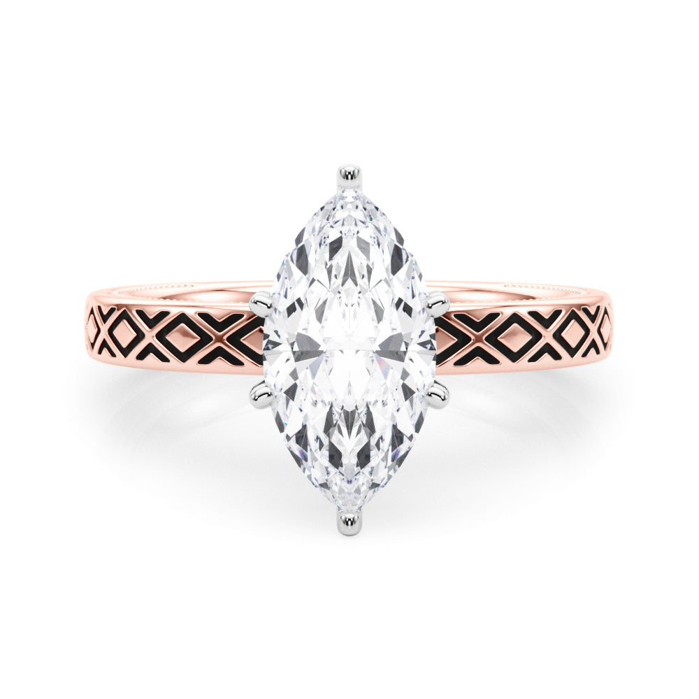Rose gold Marquise Solitaire Diamond Ring with Milgrain and Black Enamel X Pattern Band 1