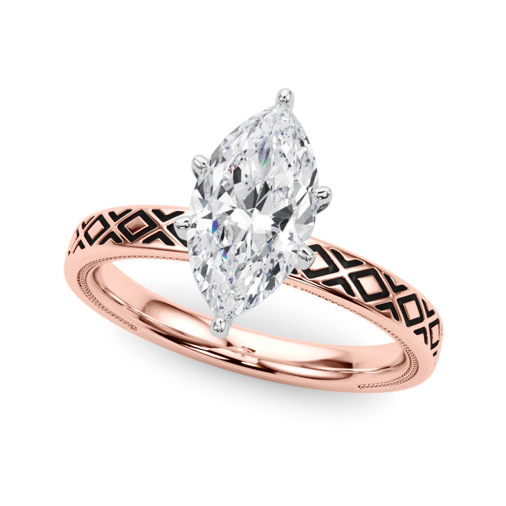 Rose gold Marquise Solitaire Diamond Ring with Milgrain and Black Enamel X Pattern Band