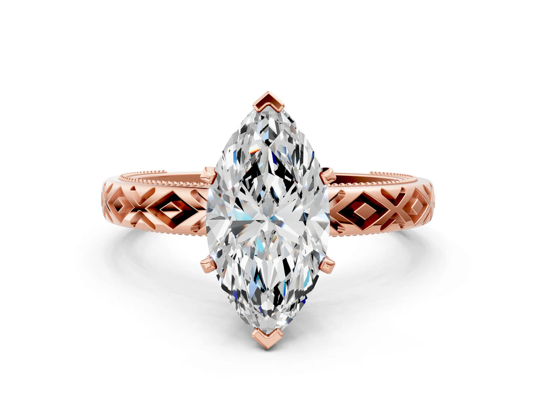 Rose gold Marquise Solitaire Diamond Ring with Milgrain and Black Enamel X Pattern Band_87