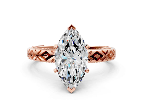 Rose Gold Marquise Vintage Solitaire Engagement Ring Setting with Milgrain X Pattern Band