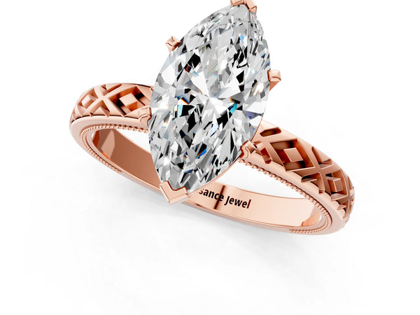 Rose Gold Marquise Vintage Solitaire Engagement Ring Setting with Milgrain X Pattern Band
