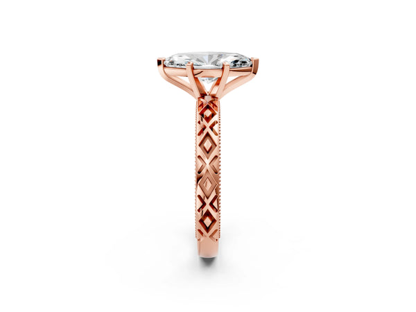 Rose Gold Marquise Vintage Solitaire Engagement Ring Setting with Milgrain X Pattern Band