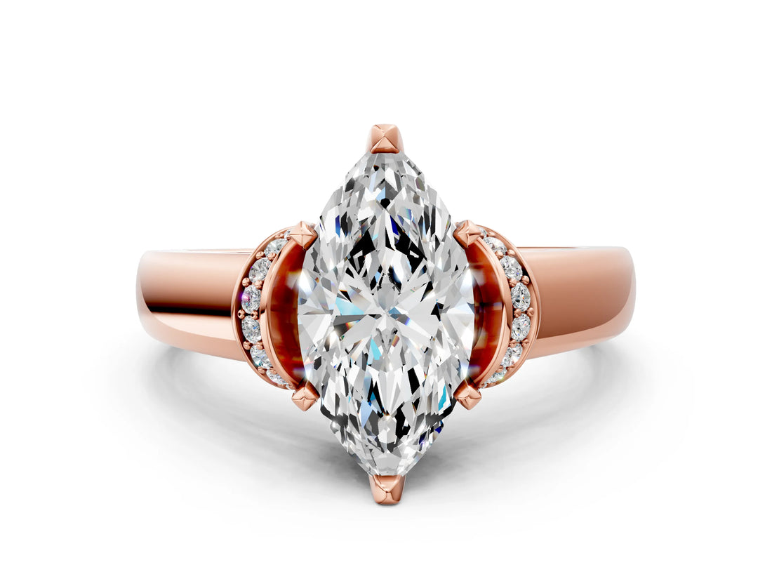 Rose gold Marquise Solitaire Diamond Ring with Pave Band and Six-Prong Setting_34