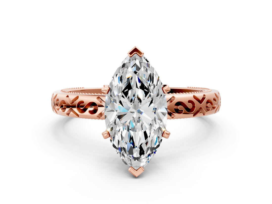 Rose gold Marquise Solitaire Engagement Ring with Scrollwork Band and Four-Prong Setting_142