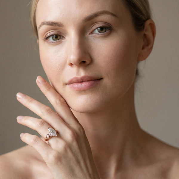 Rose gold Marquise Solitaire Filigree Engagement Ring with Halo and Prong Setting