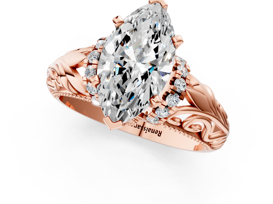 Rose gold Marquise Solitaire Filigree Engagement Ring with Halo and Prong Setting