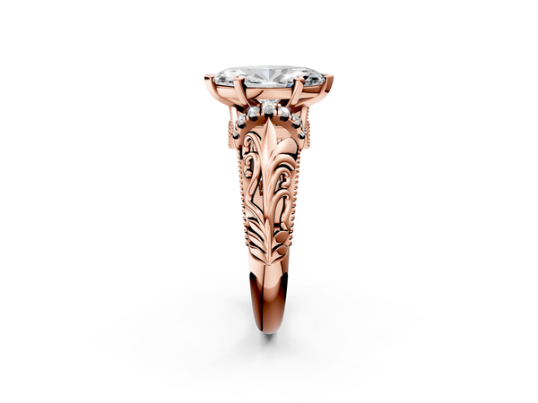 Rose gold Marquise Solitaire Filigree Engagement Ring with Halo and Prong Setting