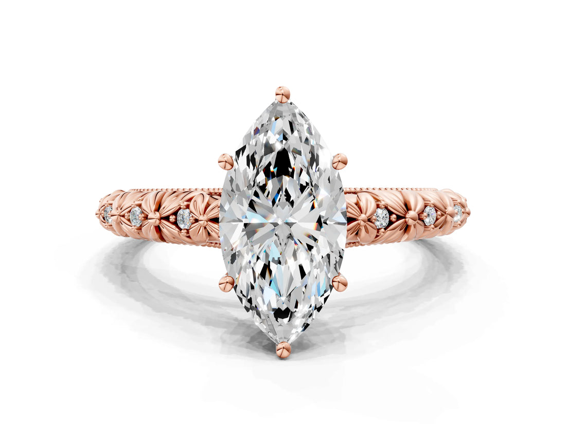 Rose gold Marquise Solitaire Floral Milgrain Engagement Ring_49
