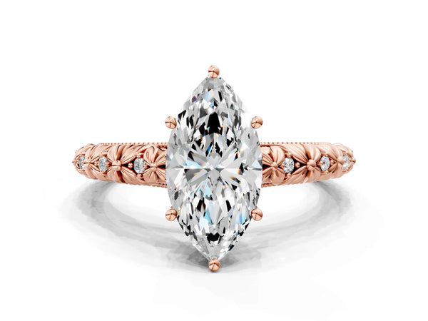 Rose gold Marquise Solitaire Floral Milgrain Engagement Ring