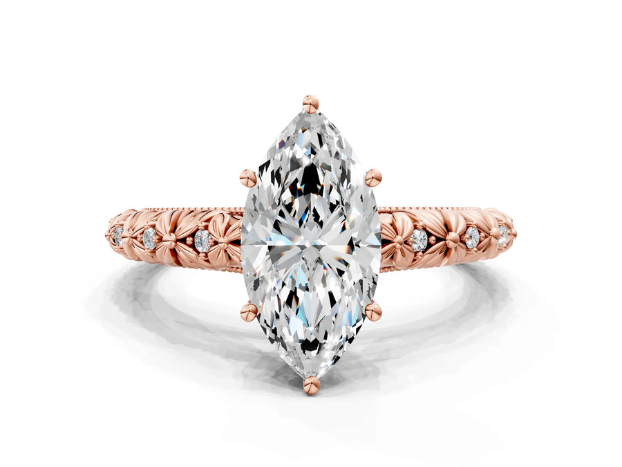 Rose gold Marquise Solitaire Floral Milgrain Engagement Ring