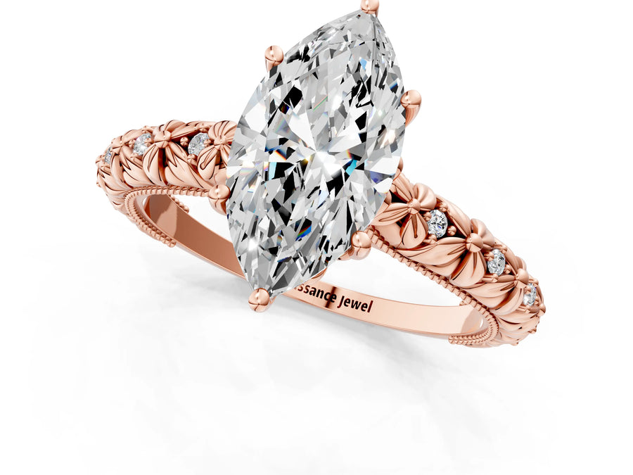 Rose gold Marquise Solitaire Floral Milgrain Engagement Ring