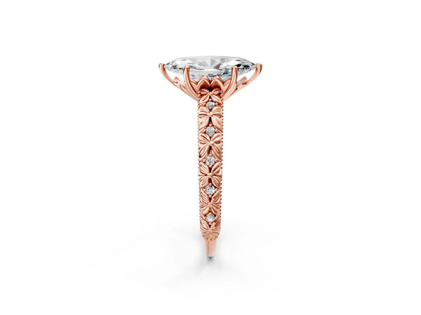 Rose gold Marquise Solitaire Floral Milgrain Engagement Ring
