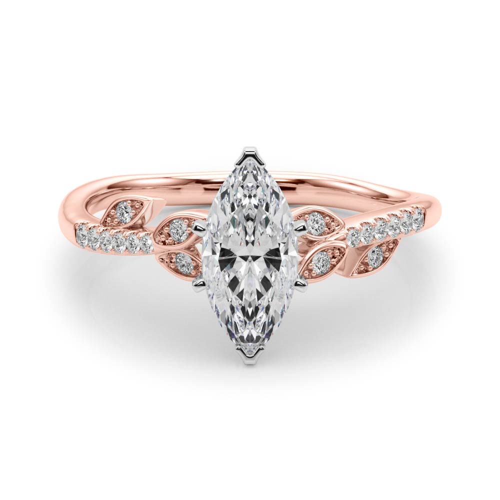 Rose gold Marquise Solitaire Leaf-Inspired Diamond Ring with Pavé Band and Four-Prong Setting 1