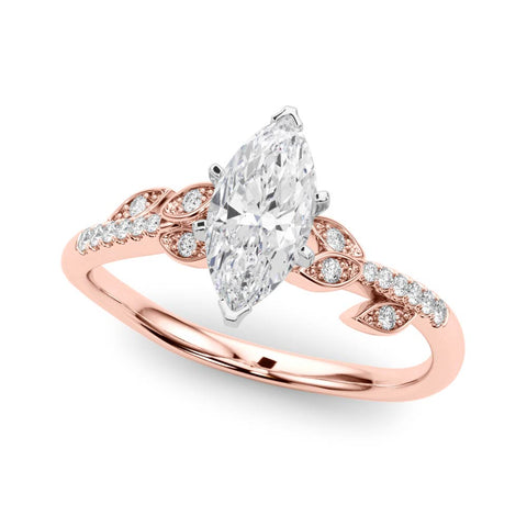 Rose gold Marquise Solitaire Leaf-Inspired Diamond Ring with Pavé Band and Four-Prong Setting