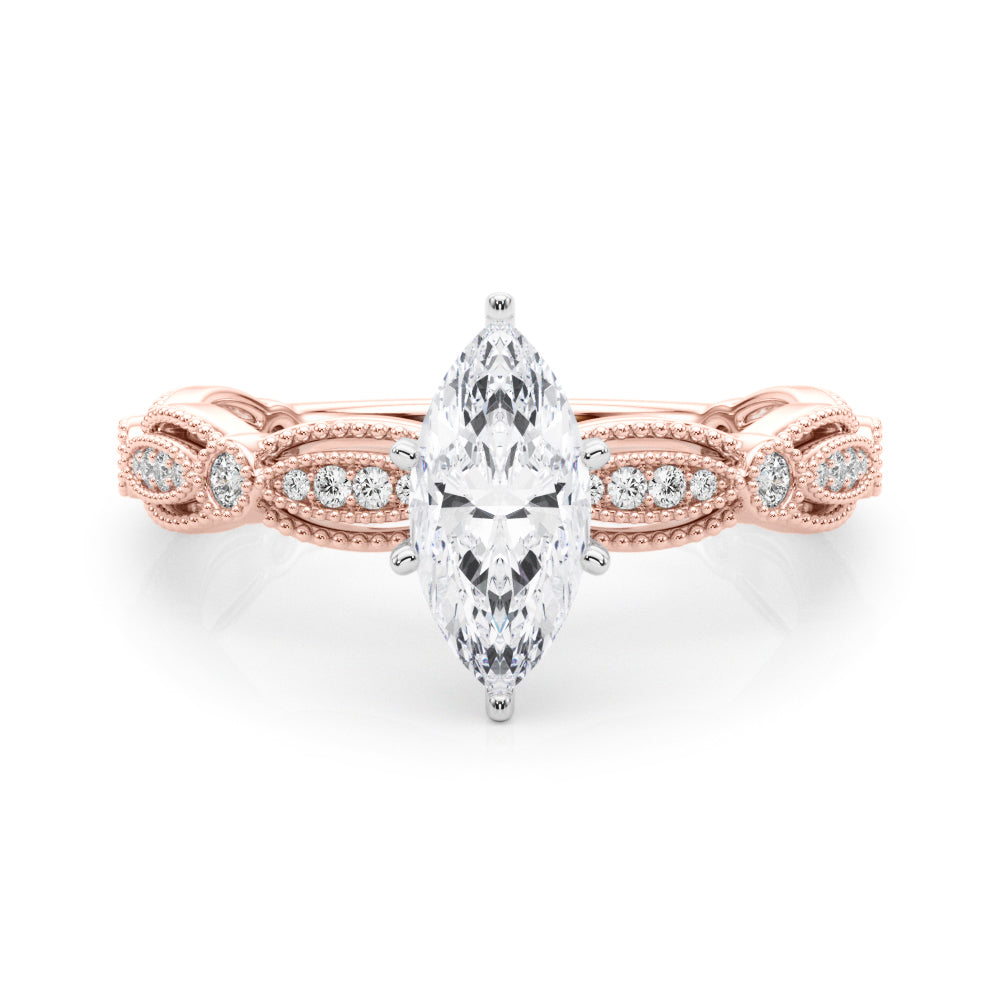 Rose gold Marquise Solitaire Milgrain Diamond Engagement Ring with Bezel and Marquise Band 1