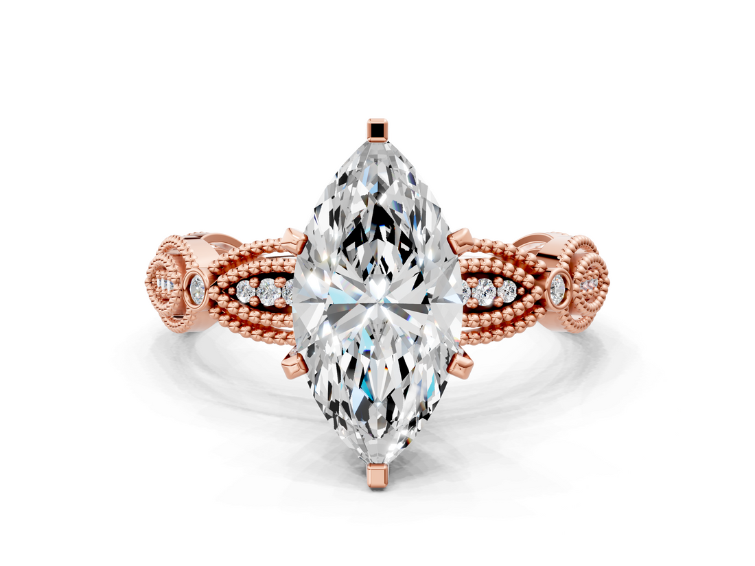 Rose gold Marquise Solitaire Milgrain Diamond Engagement Ring with Bezel and Marquise Band_133