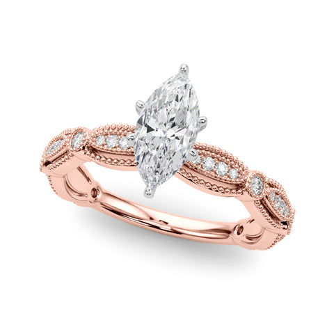 Rose gold Marquise Solitaire Milgrain Diamond Engagement Ring with Bezel and Marquise Band
