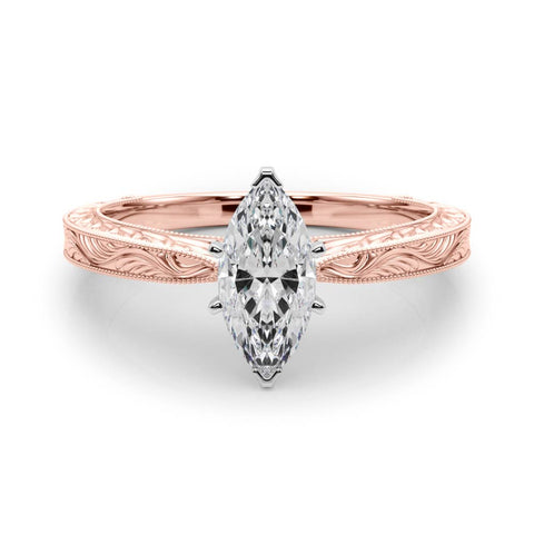Rose gold Marquise Solitaire Milgrain Engraved Band with Four-Prong Setting 1