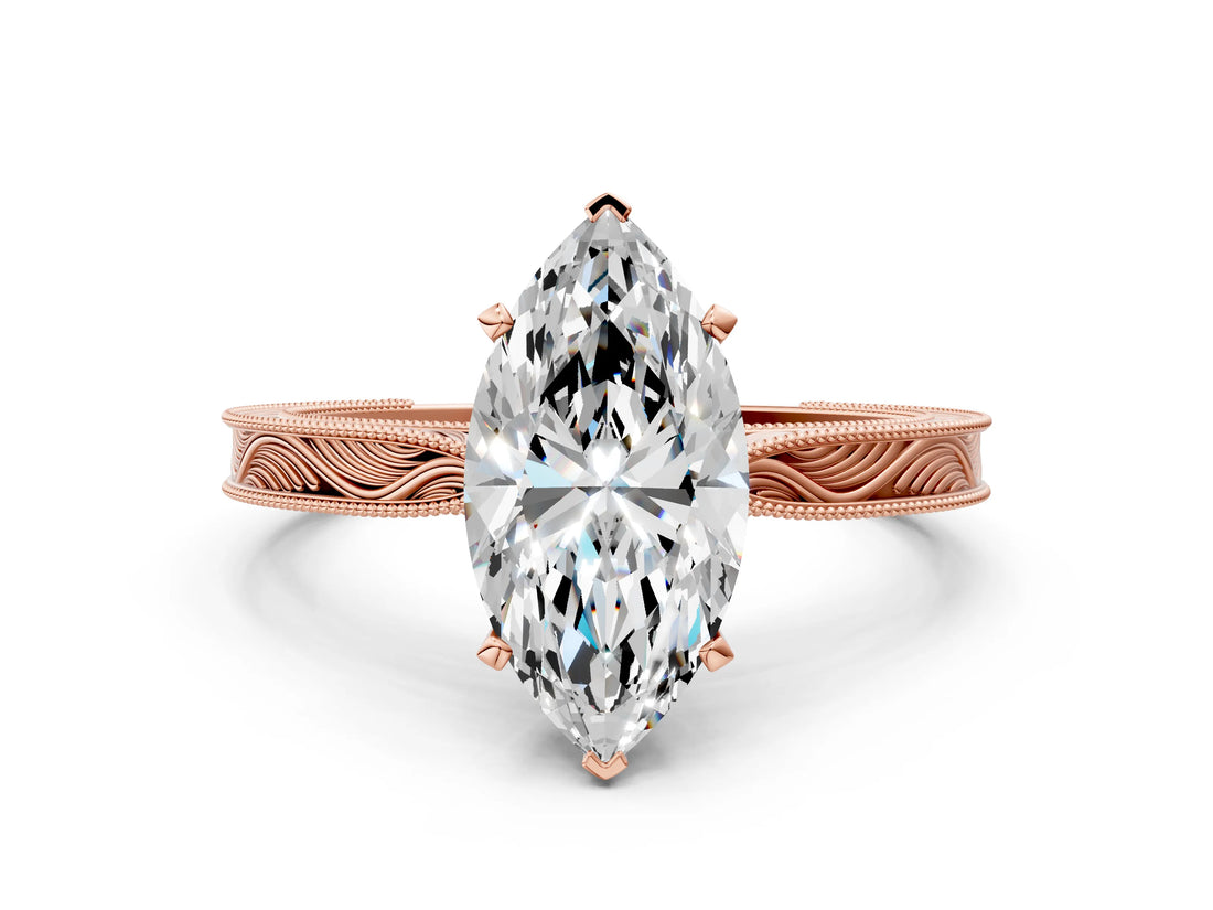 Rose gold Marquise Solitaire Milgrain Engraved Band with Four-Prong Setting_4