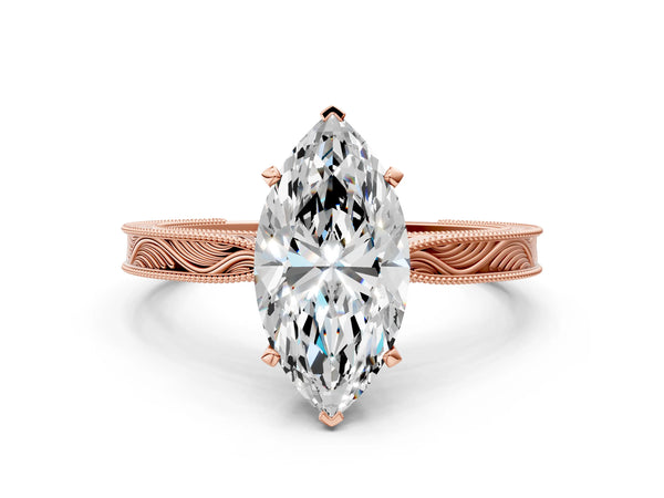 Rose Gold Marquise Vintage Solitaire Engagement Ring Setting with Milgrain Engraved Band