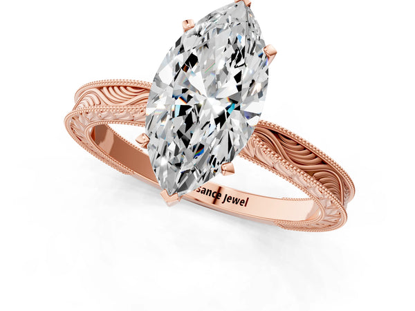 Rose Gold Marquise Vintage Solitaire Engagement Ring Setting with Milgrain Engraved Band
