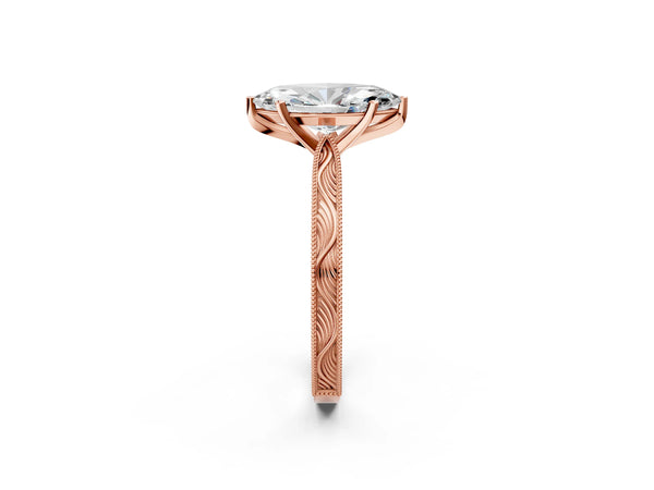 Rose Gold Marquise Vintage Solitaire Engagement Ring Setting with Milgrain Engraved Band