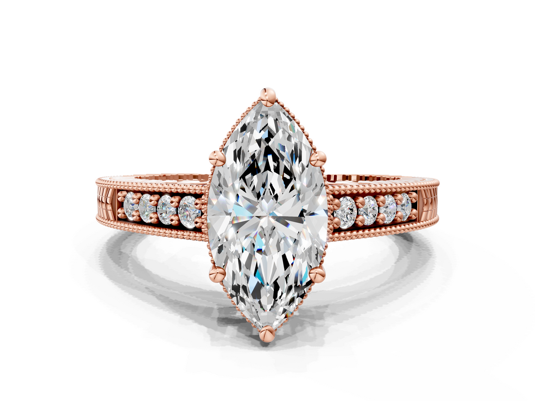 Rose gold Marquise Solitaire Pavé Diamond Milgrain Engagement Ring with Four-Prong Setting_6