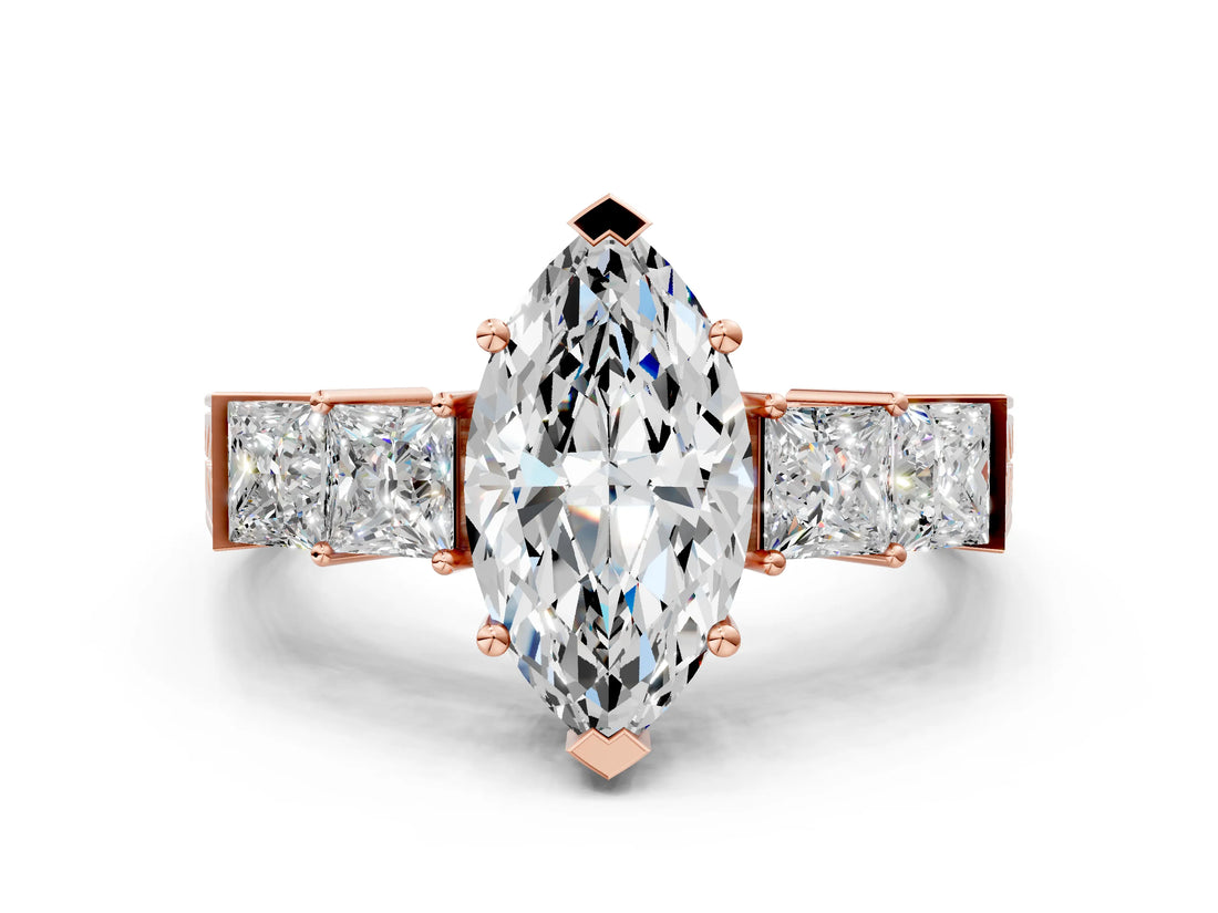 Rose gold Marquise Solitaire Princess Side Stone Engraved Band Prong Setting Ring_3