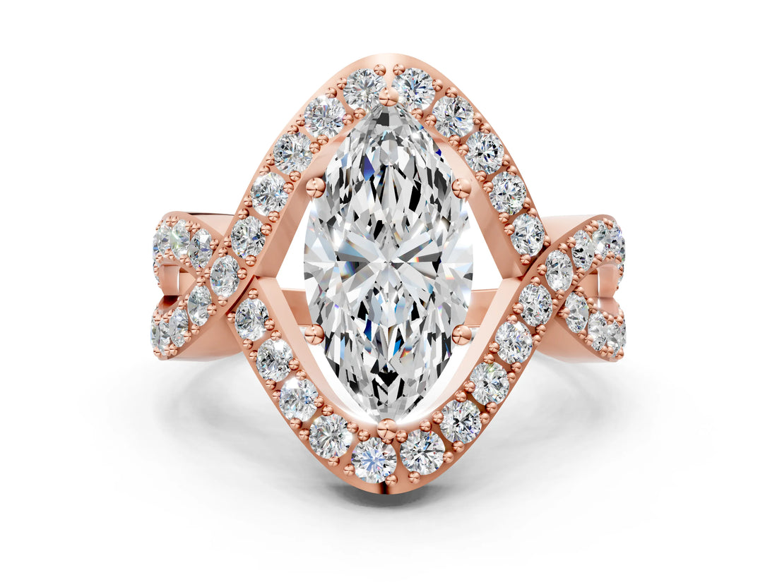 Rose gold Marquise Solitaire Twist Band Pavé Diamond Engagement Ring_33