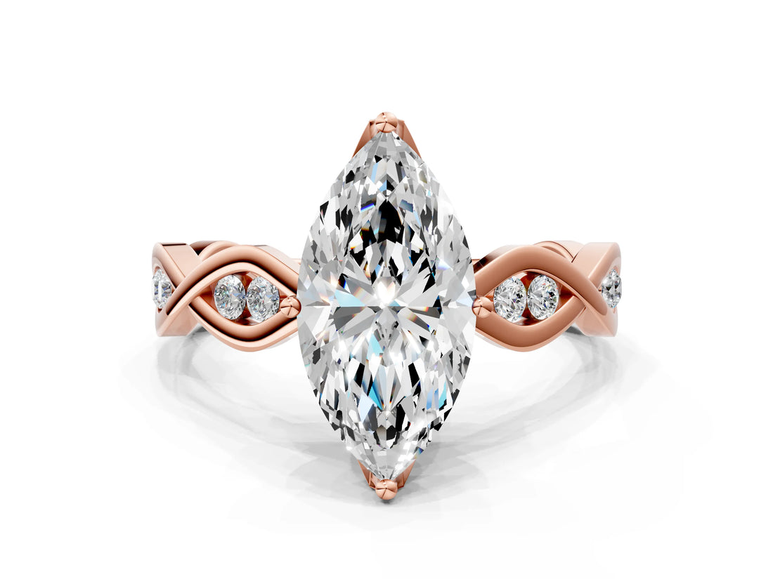 Rose gold Marquise Solitaire Twist Band with Leaf Prong Setting 1