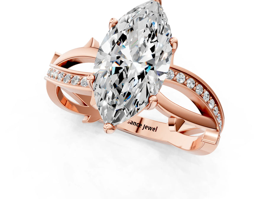 Rose gold Marquise Solitaire Twist Band with Pavé Accents and Four-Prong Setting