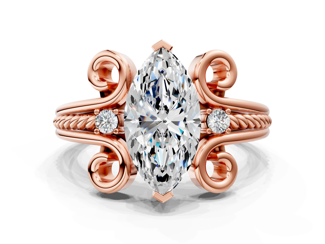 Rose gold Marquise Solitaire Twisted Band Scroll Prong Ring_7
