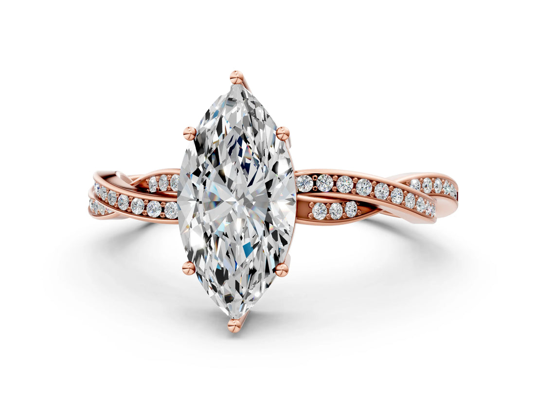 Rose gold Marquise Solitaire Twisted Pave Diamond Ring with Four-Prong Setting_12