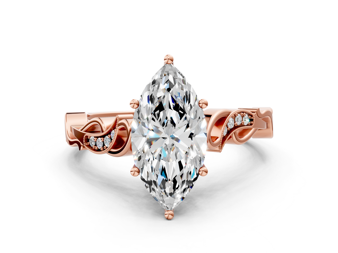Rose gold Marquise Solitaire Vine Band with Milgrain Prong Setting_6