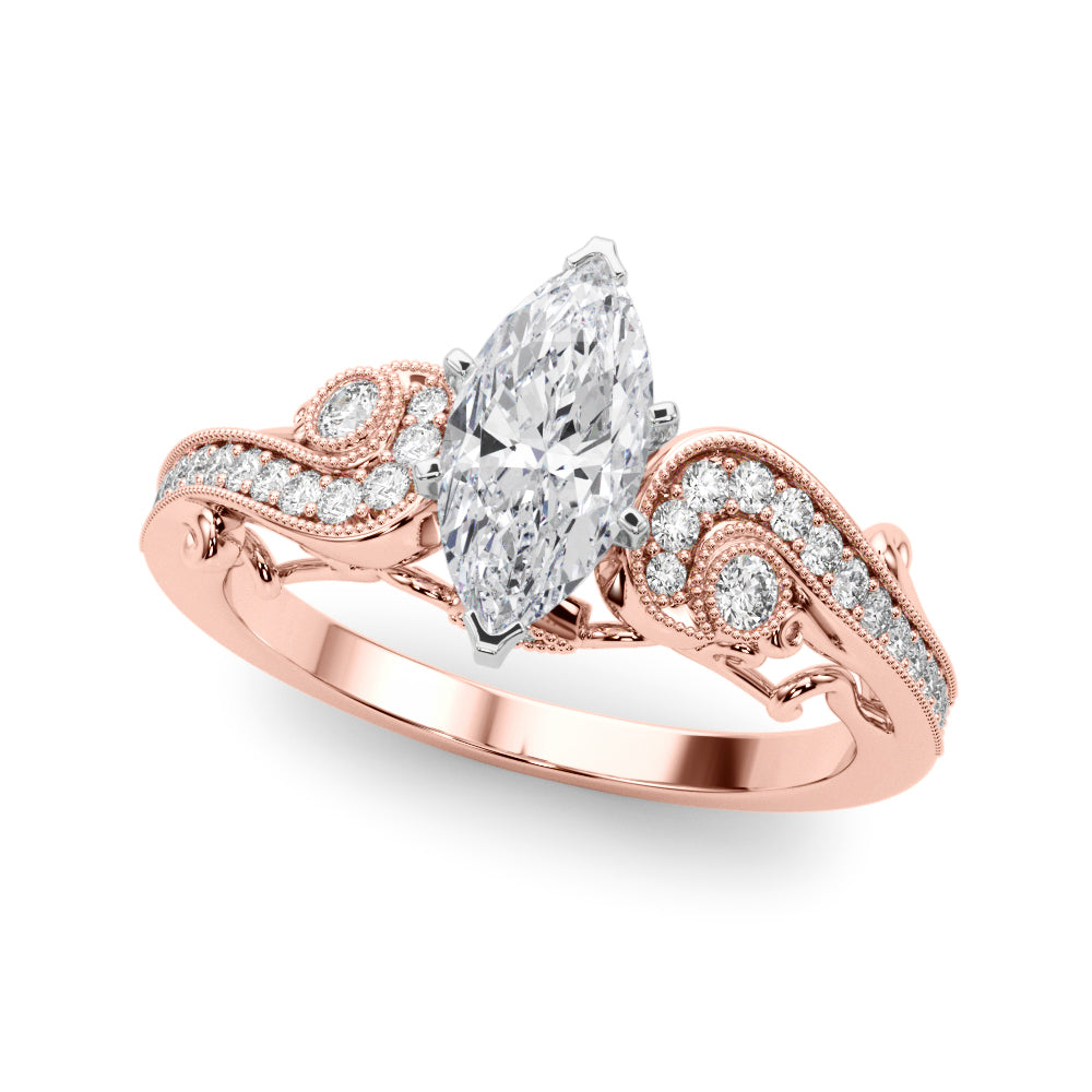 Rose gold Marquise Solitaire with Milgrain Pave Band and Four-Prong Setting