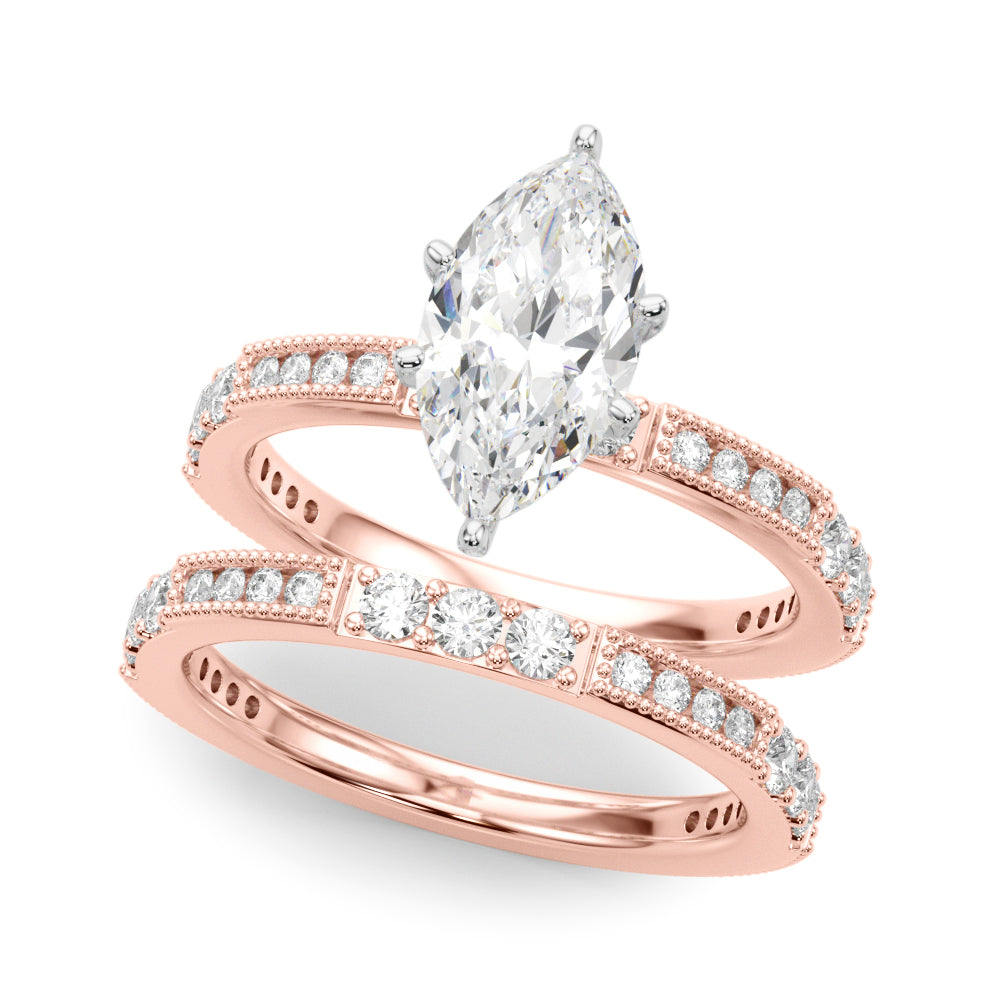 Rose gold Marquise Solitaire with Pavé Band and Four-Prong Setting 1
