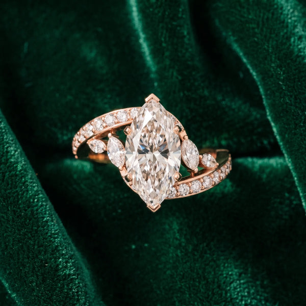 Rose gold Marquise Solitaire with Pavé Twist Band and Four-Prong Setting