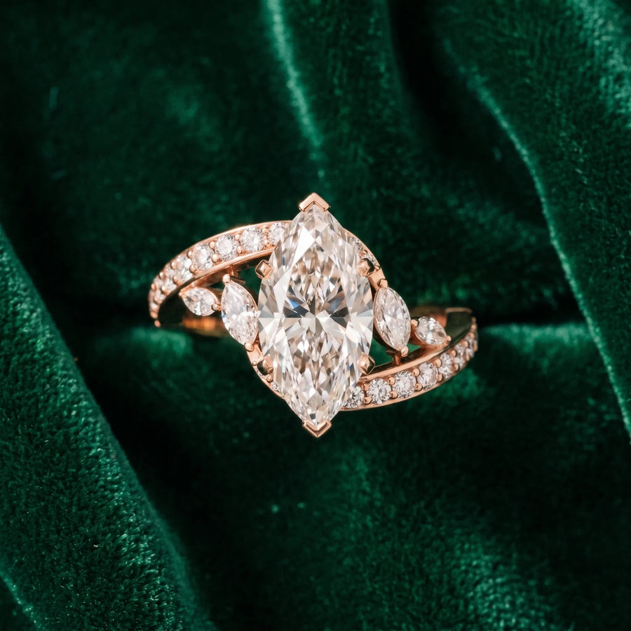 Rose gold Marquise Solitaire with Pavé Twist Band and Four-Prong Setting