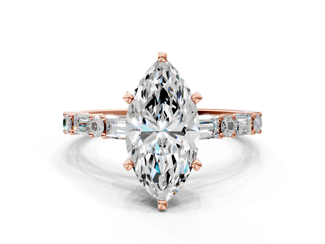 Rose gold Marquise Solitaire with Side Baguettes and Channel Set Band_24