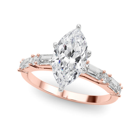 Rose gold Marquise Solitaire with Side Baguettes and Channel Set Band