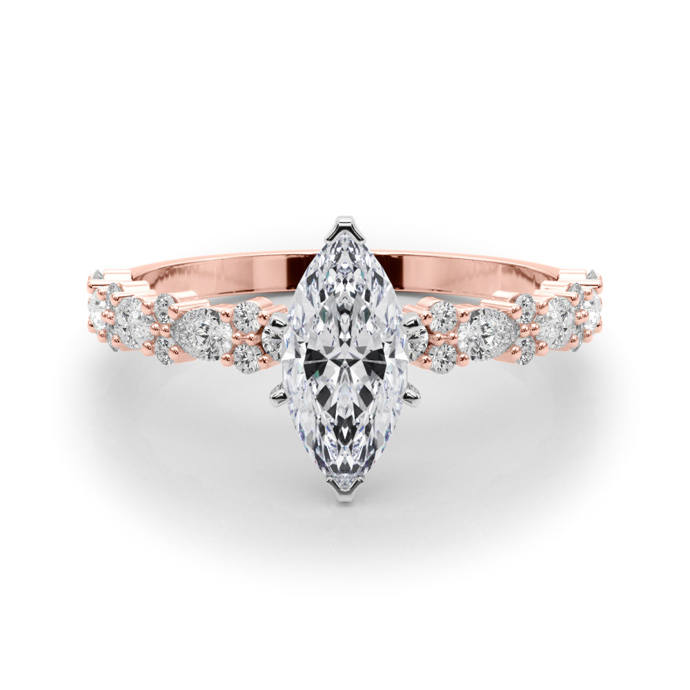 Rose gold Marquise Solitaire with Side Stones, Pave Band, Four-Prong Setting 1