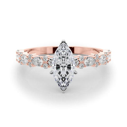 Rose gold Marquise Solitaire with Side Stones, Pave Band, Four-Prong Setting 1