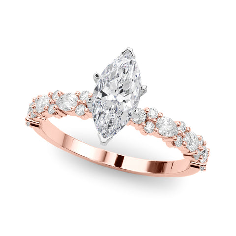 Rose gold Marquise Solitaire with Side Stones, Pave Band, Four-Prong Setting