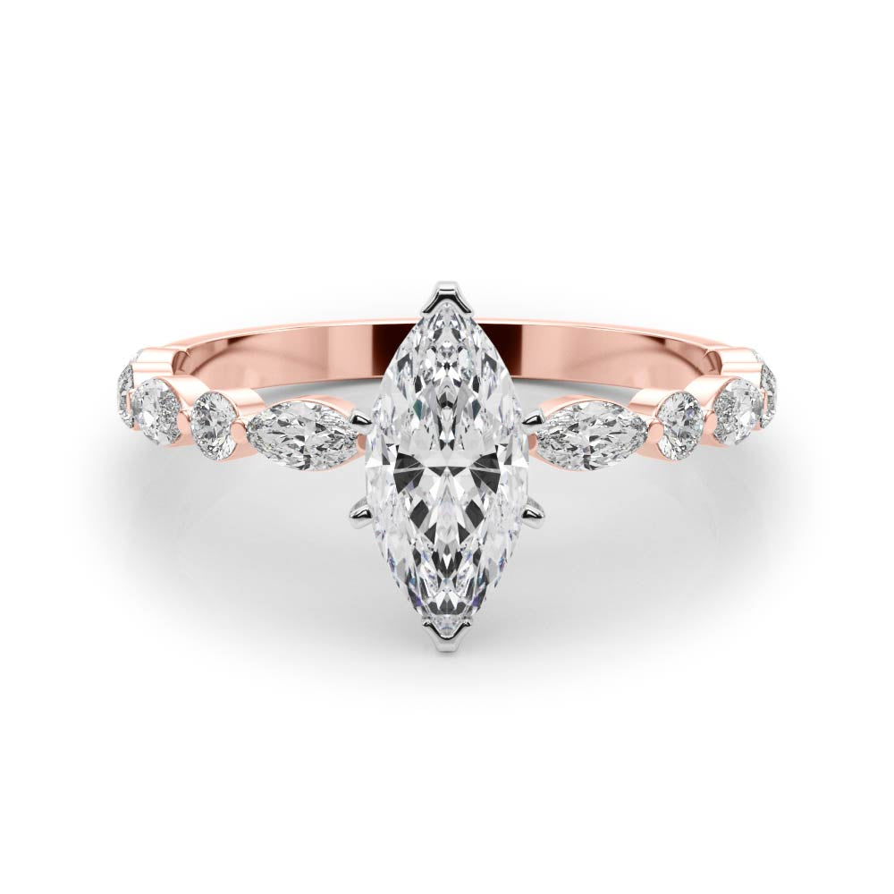 Rose gold Marquise Solitaire with Side Stones on a Pavé Band and Four-Prong Setting 1