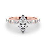 14K Rose Gold 2.09 Carat F VS1 Marquise Solitaire with Side Stones on a Pavé Band and Four-Prong Setting