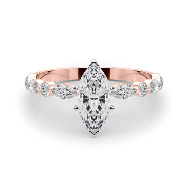 14K Rose Gold 2.09 Carat F VS1 Marquise Solitaire with Side Stones on a Pavé Band and Four-Prong Setting