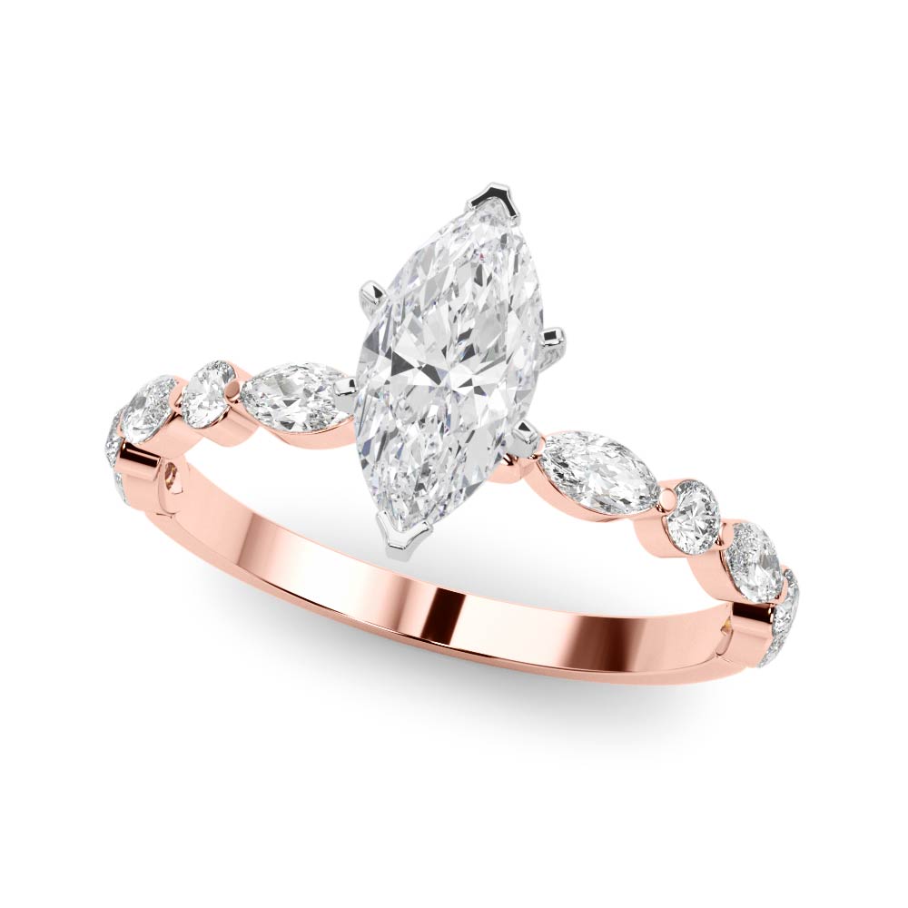 14K Rose Gold 2.09 Carat F VS1 Marquise Solitaire with Side Stones on a Pavé Band and Four-Prong Setting