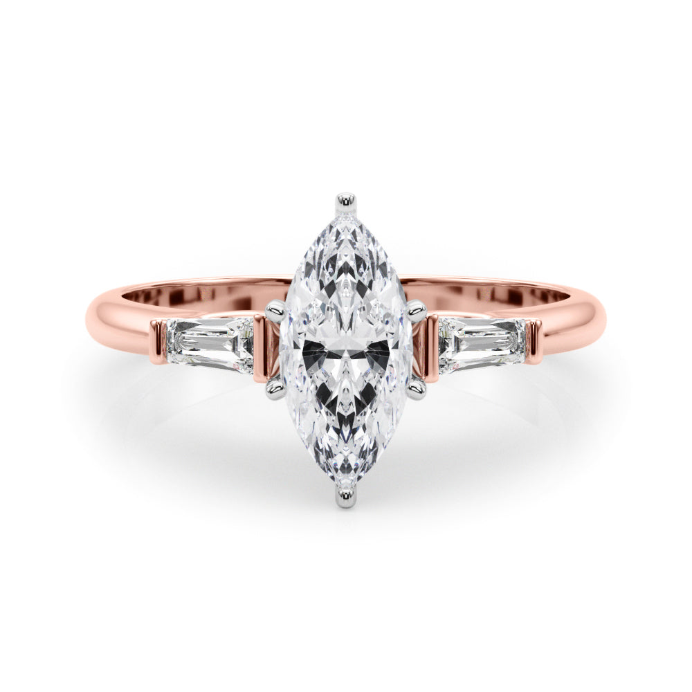 Rose gold Marquise Solitaire with Tapered Baguette Side Stones on a Classic Band with Four-Prong Setting 1