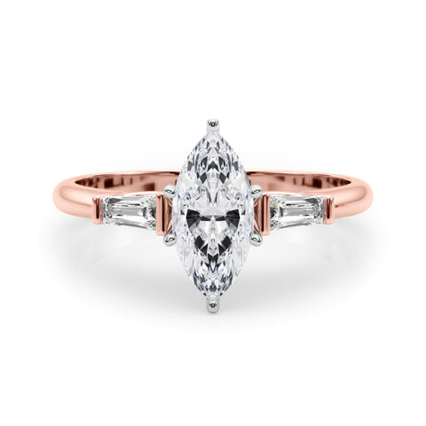 Rose gold Marquise Solitaire with Tapered Baguette Side Stones on a Classic Band with Four-Prong Setting 1